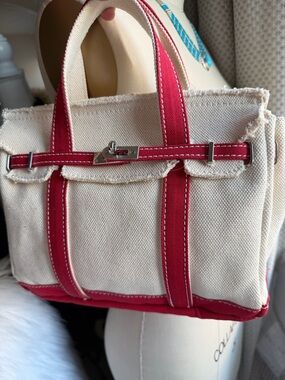 Sunwin Madaket Small Classic Cream Canvas Tote Bag with Red Trim
